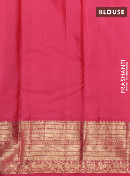 Pure kanchipuram silk saree bottle green and peach pink with zari woven buttas and long zari woven korvai border