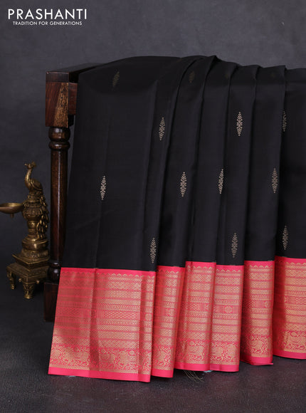 Pure kanchipuram silk saree black and peach pink with zari woven buttas and long zari woven korvai border