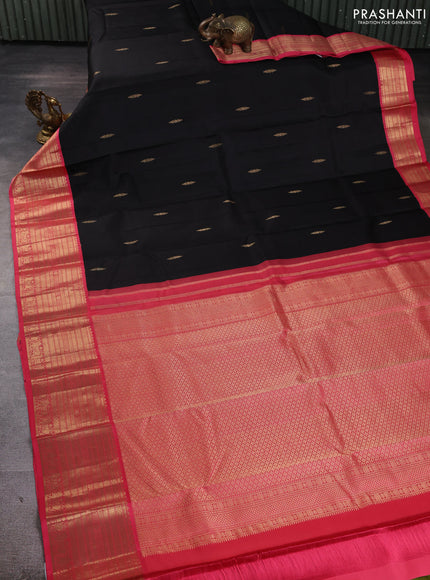 Pure kanchipuram silk saree black and peach pink with zari woven buttas and long zari woven korvai border