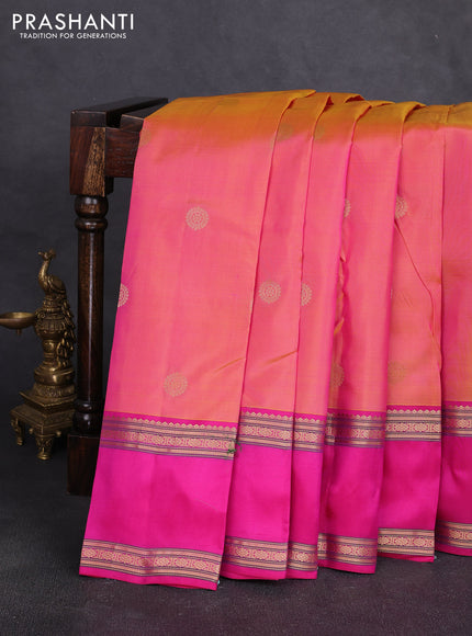 Pure kanchipuram silk saree dual shade of pinkish green and pink with zari woven buttas and rettapet zari woven border