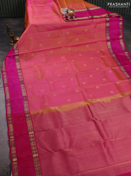 Pure kanchipuram silk saree dual shade of pinkish green and pink with zari woven buttas and rettapet zari woven border