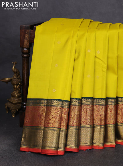 Pure kanchipuram silk saree lime yellow and bottle green with zari woven buttas and long zari woven korvai border