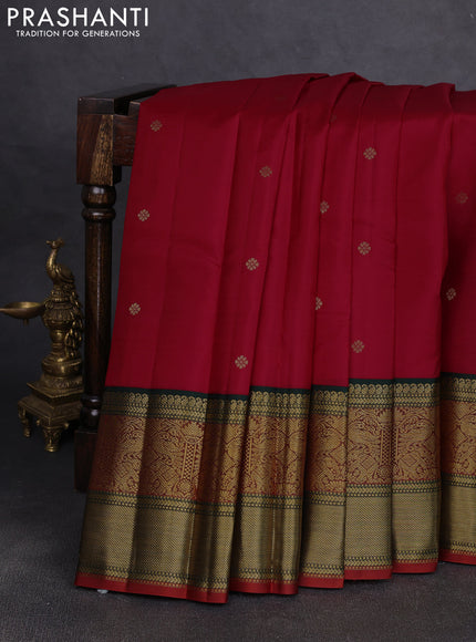 Pure kanchipuram silk saree red and bottle green with zari woven buttas and long zari woven korvai border