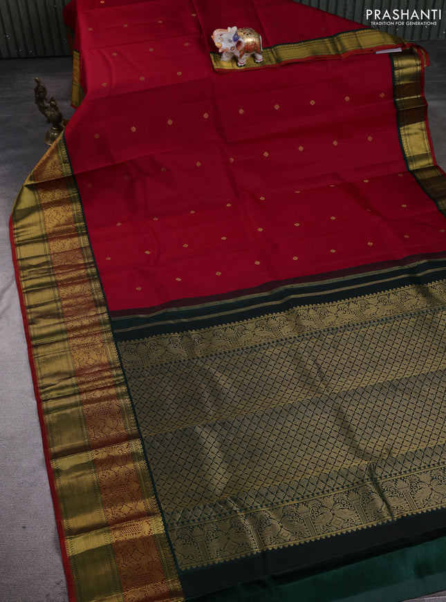 Pure kanchipuram silk saree red and bottle green with zari woven buttas and long zari woven korvai border