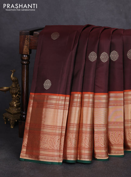 Pure kanchipuram silk saree coffee brown and orange with zari woven buttas and long zari woven korvai border