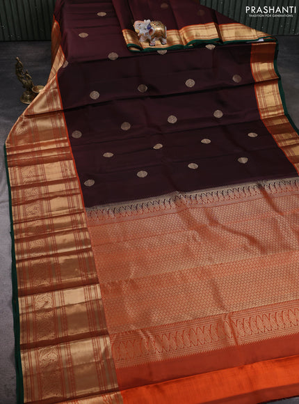 Pure kanchipuram silk saree coffee brown and orange with zari woven buttas and long zari woven korvai border