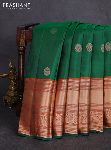 Pure kanchipuram silk saree green and orange with zari woven buttas and long zari woven korvai border