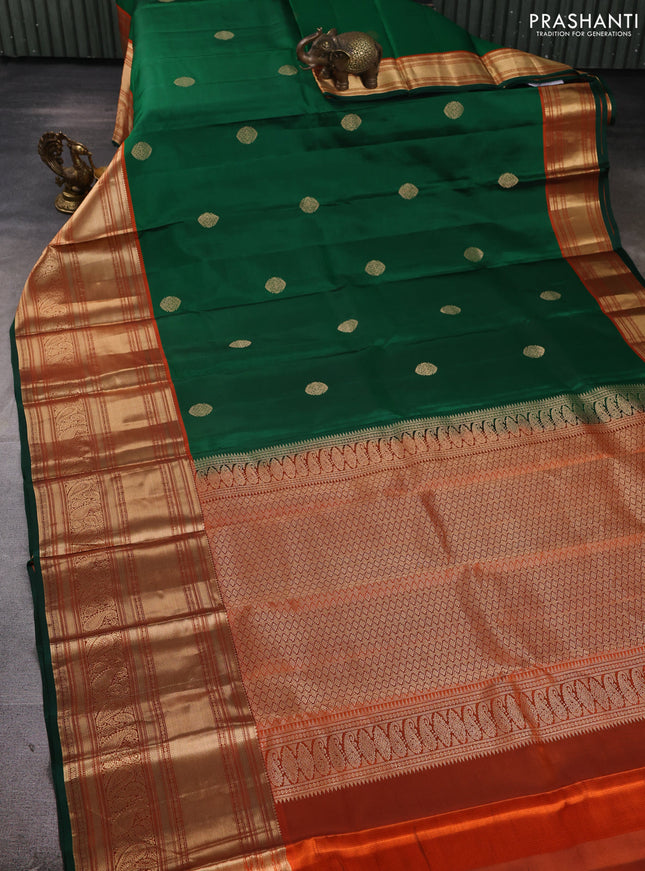 Pure kanchipuram silk saree green and orange with zari woven buttas and long zari woven korvai border