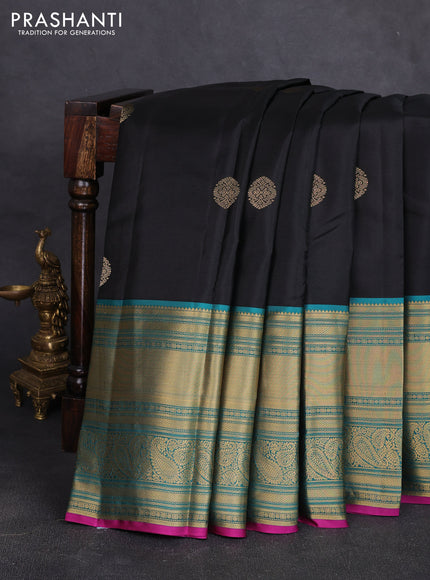 Pure kanchipuram silk saree black and teal blue with zari woven buttas and long zari woven korvai border