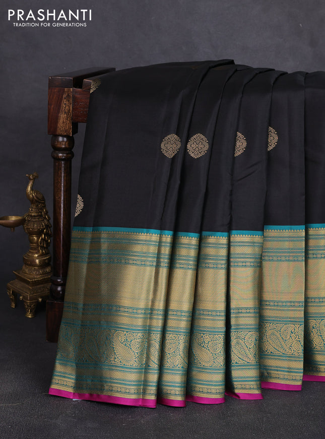 Pure kanchipuram silk saree black and teal blue with zari woven buttas and long zari woven korvai border