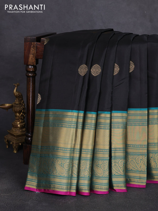 Pure kanchipuram silk saree black and teal blue with zari woven buttas and long zari woven korvai border
