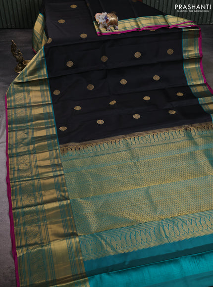 Pure kanchipuram silk saree black and teal blue with zari woven buttas and long zari woven korvai border