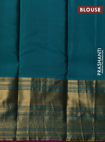 Pure kanchipuram silk saree black and teal blue with zari woven buttas and long zari woven korvai border