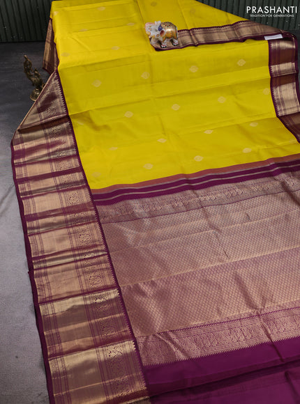 Pure kanchipuram silk saree lime yellow and wine shade with zari woven buttas and long zari woven korvai border