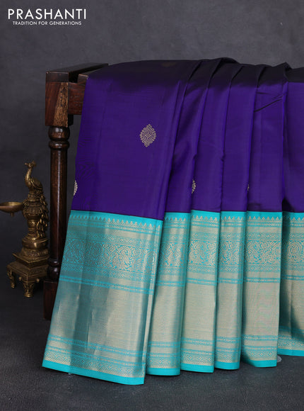 Pure kanchipuram silk saree dark blue and teal blue with zari woven buttas and long zari woven korvai border