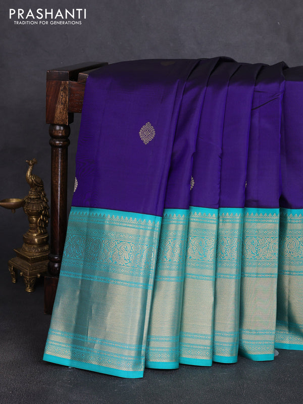 Pure kanchipuram silk saree dark blue and teal blue with zari woven buttas and long zari woven korvai border