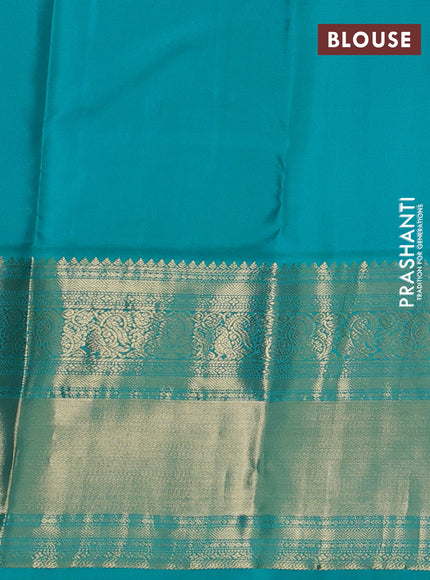 Pure kanchipuram silk saree dark blue and teal blue with zari woven buttas and long zari woven korvai border