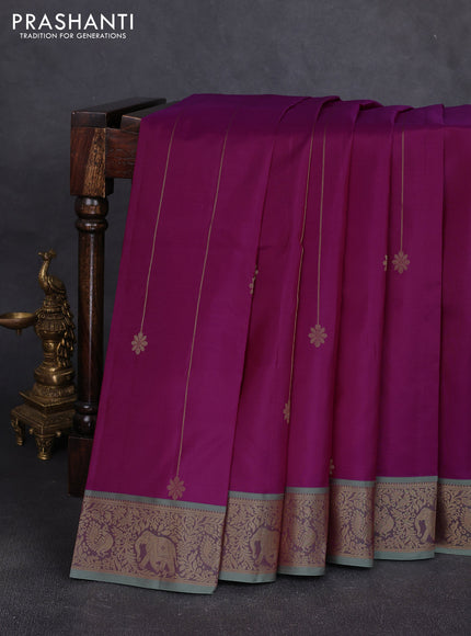 Pure kanchipuram silk saree magenat pink and pastel green with allover zari strips & buttas and zari woven korvai border