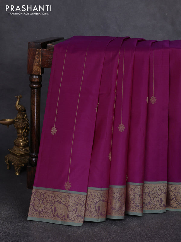 Pure kanchipuram silk saree magenat pink and pastel green with allover zari strips & buttas and zari woven korvai border