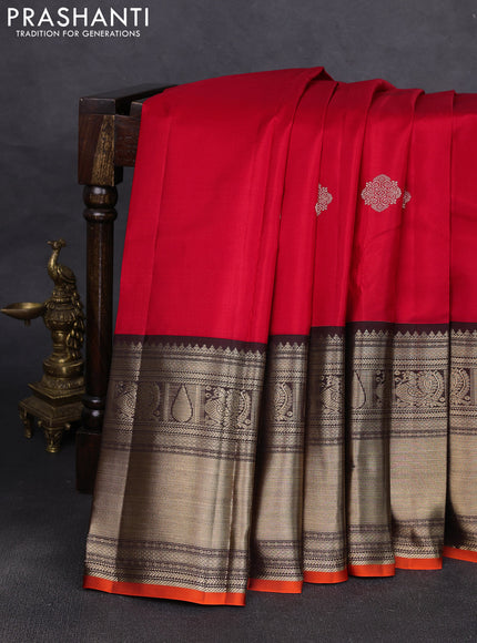 Pure kanchipuram silk saree red and coffee brown with zari woven buttas and long zari woven korvai border