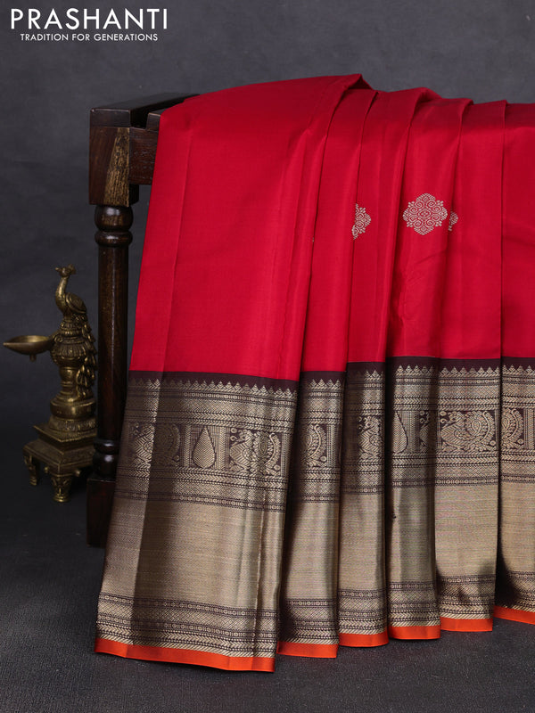 Pure kanchipuram silk saree red and coffee brown with zari woven buttas and long zari woven korvai border