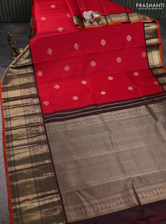 Pure kanchipuram silk saree red and coffee brown with zari woven buttas and long zari woven korvai border