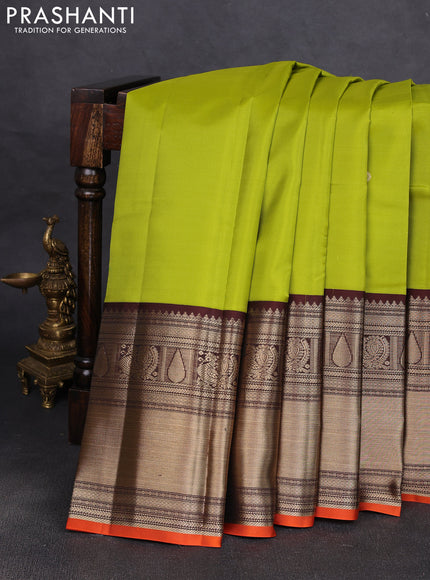 Pure kanchipuram silk saree lime green and coffee brown with zari woven buttas and long zari woven korvai border