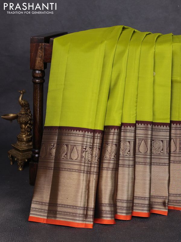 Pure kanchipuram silk saree lime green and coffee brown with zari woven buttas and long zari woven korvai border