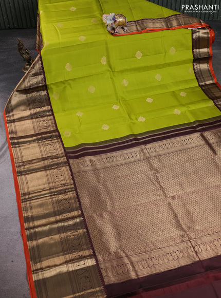 Pure kanchipuram silk saree lime green and coffee brown with zari woven buttas and long zari woven korvai border