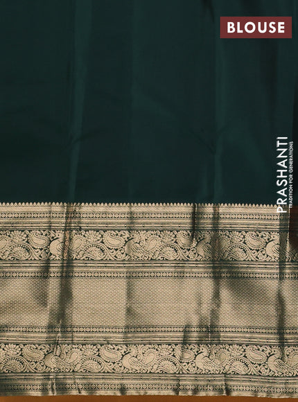 Pure kanchipuram silk saree orange and bottle green with allover zari stripe pattern and long zari woven korvai border