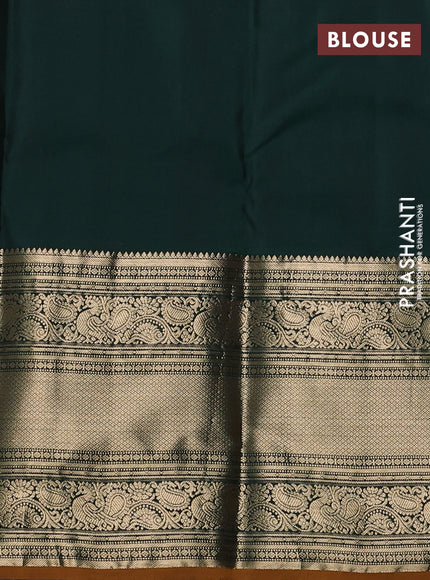 Pure kanchipuram silk saree rosy brown and bottle green with allover zari stripe pattern and long zari woven korvai border