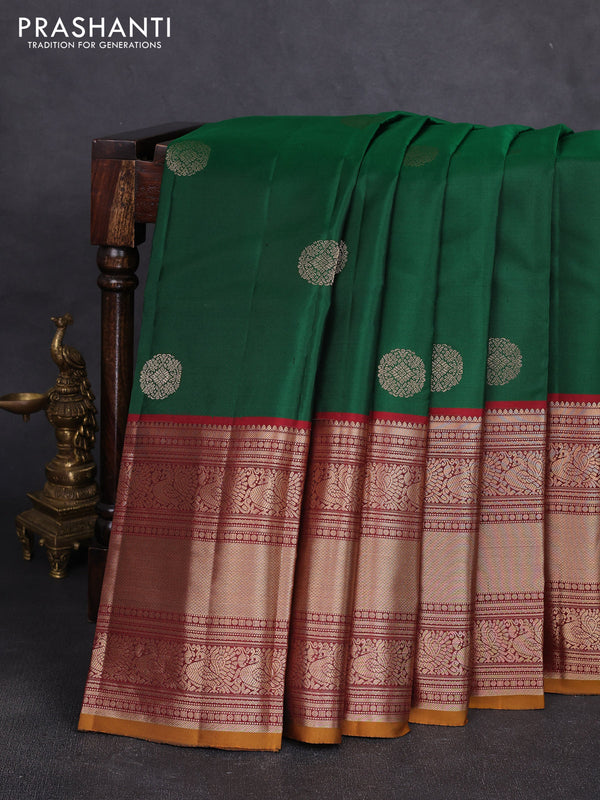 Pure kanchipuram silk saree green and maroon with rudhraksha zari woven buttas and long zari woven korvai border