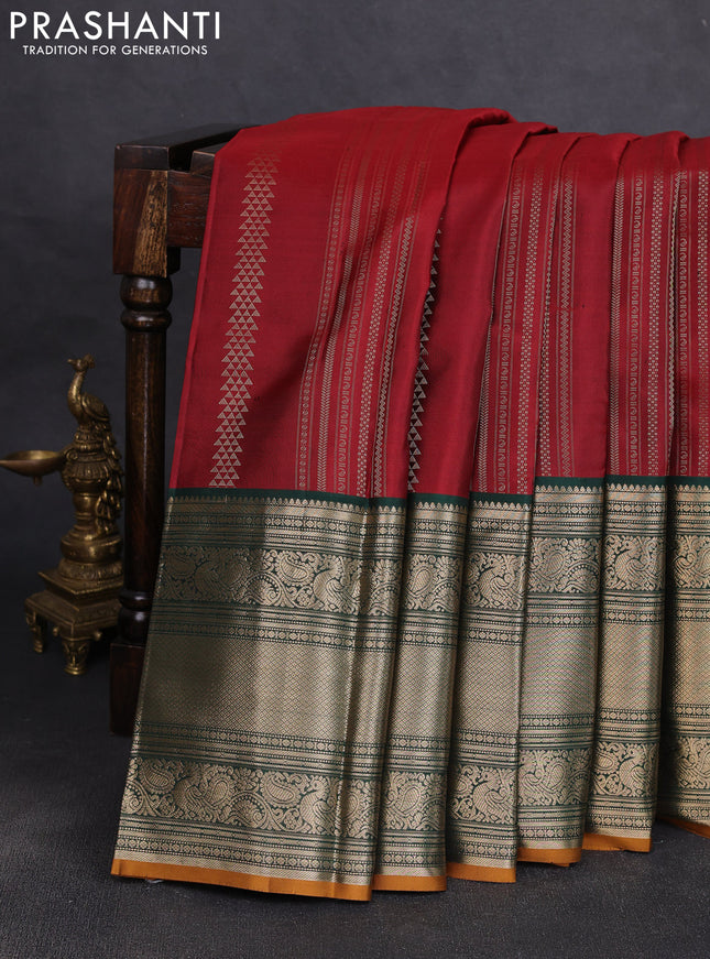 Pure kanchipuram silk saree maroon and bottle green with allover zari stripe pattern and long zari woven korvai border