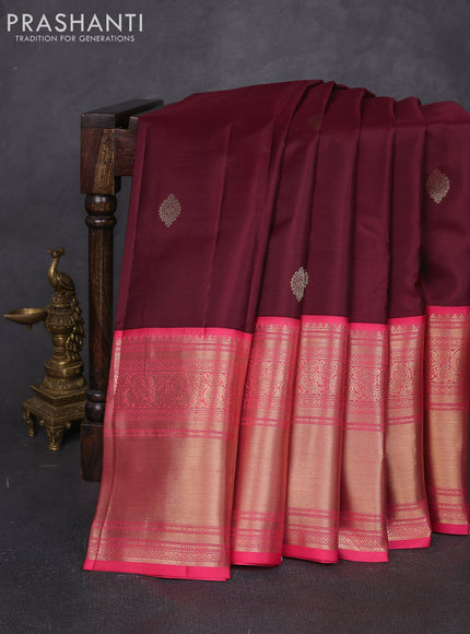 Pure kanchipuram silk saree deep maroon and peach pink with zari woven buttas and long zari woven korvai border