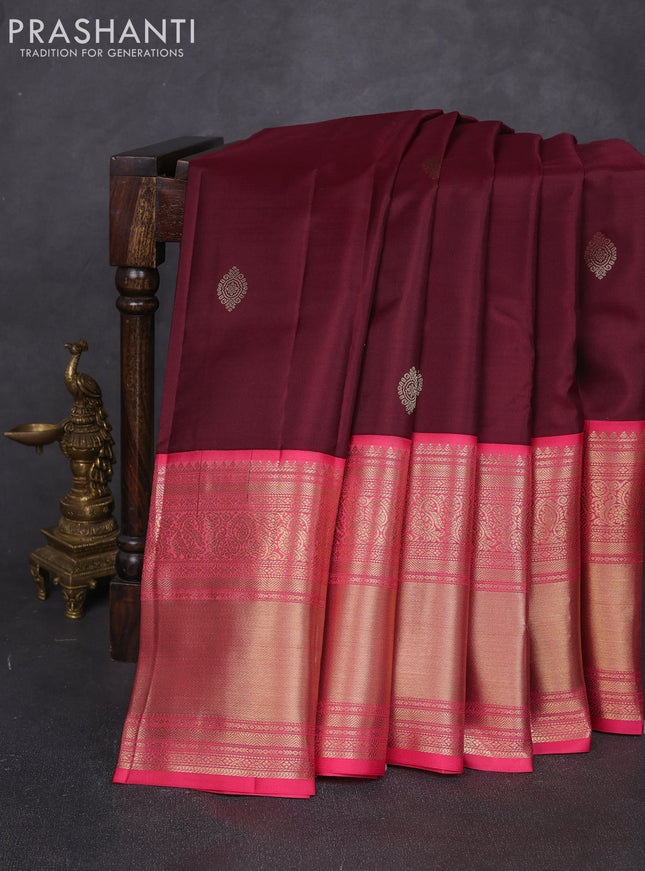 Pure kanchipuram silk saree deep maroon and peach pink with zari woven buttas and long zari woven korvai border