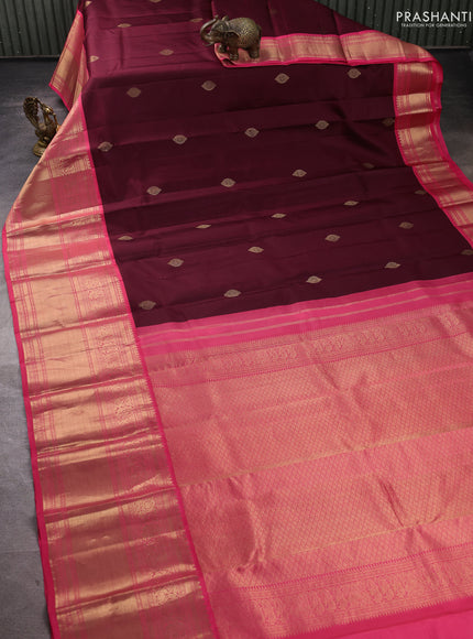 Pure kanchipuram silk saree deep maroon and peach pink with zari woven buttas and long zari woven korvai border
