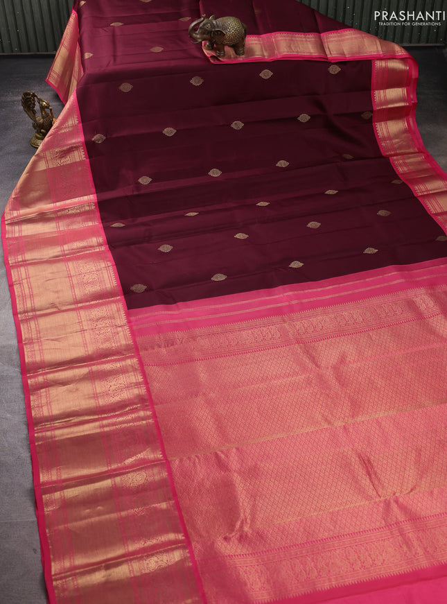 Pure kanchipuram silk saree deep maroon and peach pink with zari woven buttas and long zari woven korvai border