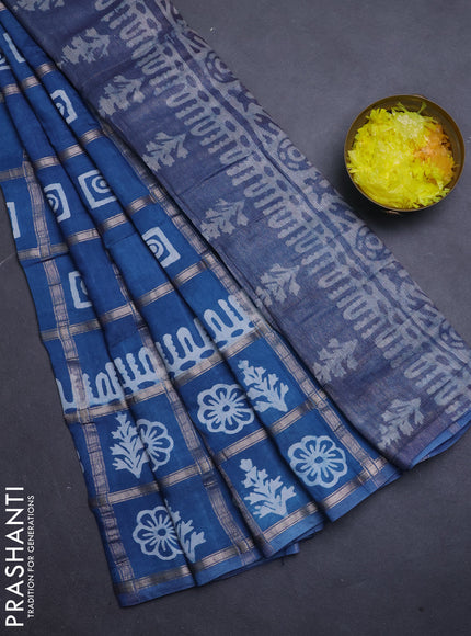 Semi chanderi saree blue shade and off white with allover zari checks & batik prints and batik printed border