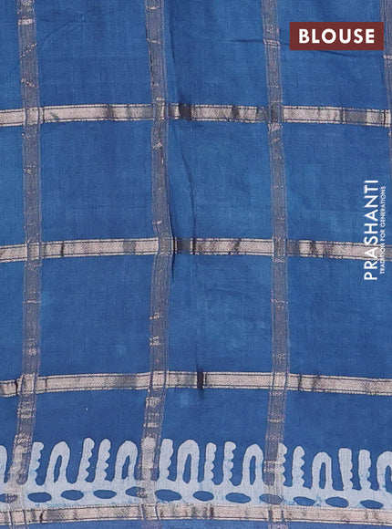 Semi chanderi saree blue shade and off white with allover zari checks & batik prints and batik printed border