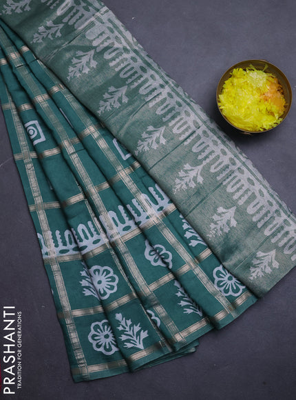 Semi chanderi saree green and off white with allover zari checks & batik prints and batik printed border