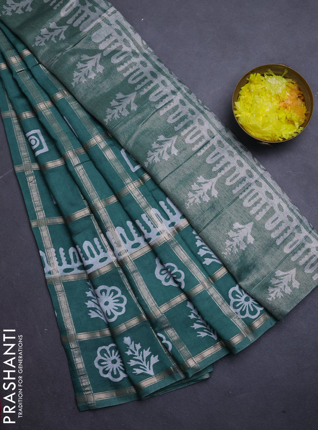 Semi chanderi saree green and off white with allover zari checks & batik prints and batik printed border
