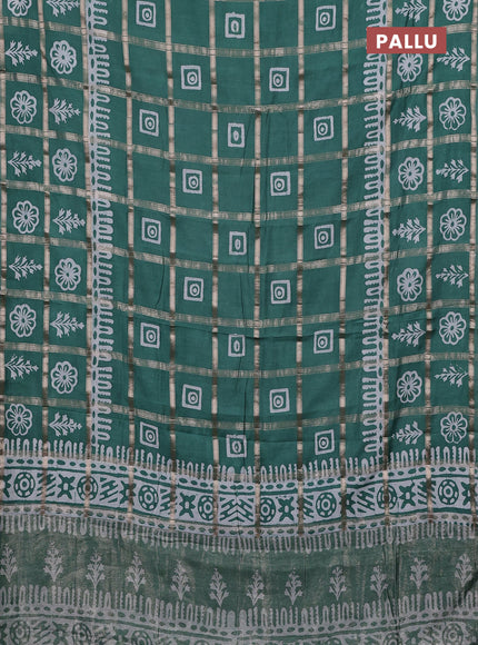 Semi chanderi saree green and off white with allover zari checks & batik prints and batik printed border
