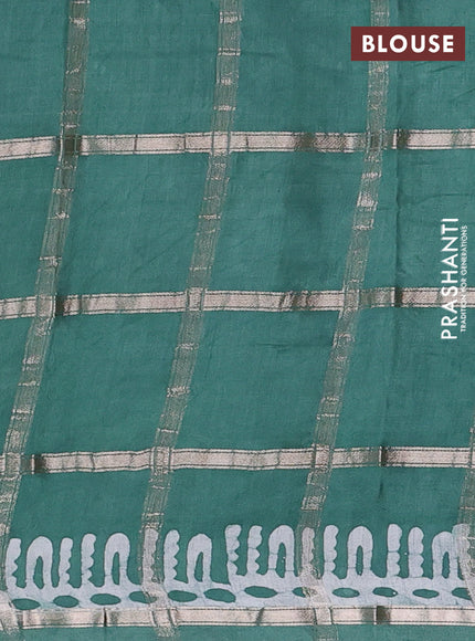 Semi chanderi saree green and off white with allover zari checks & batik prints and batik printed border