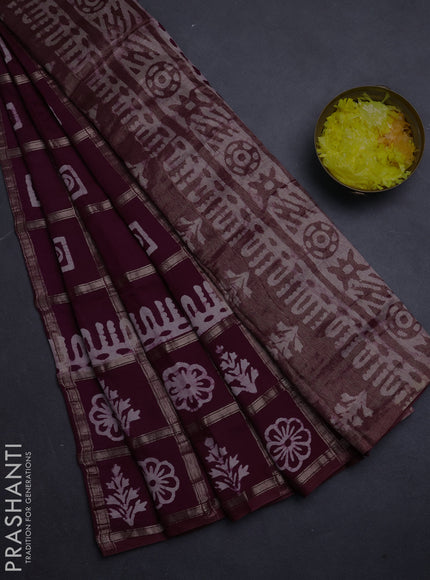 Semi chanderi saree wine and off white with allover zari checks & batik prints and batik printed border