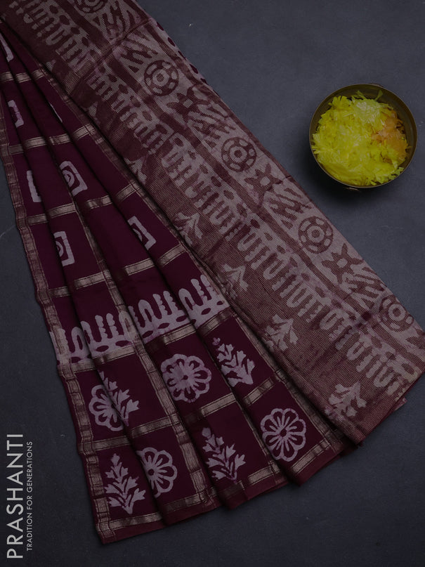 Semi chanderi saree wine and off white with allover zari checks & batik prints and batik printed border