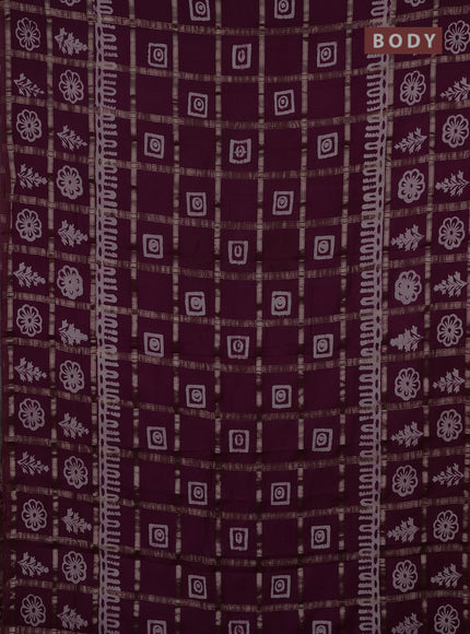 Semi chanderi saree wine and off white with allover zari checks & batik prints and batik printed border