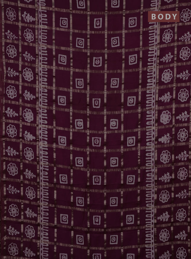 Semi chanderi saree wine and off white with allover zari checks & batik prints and batik printed border
