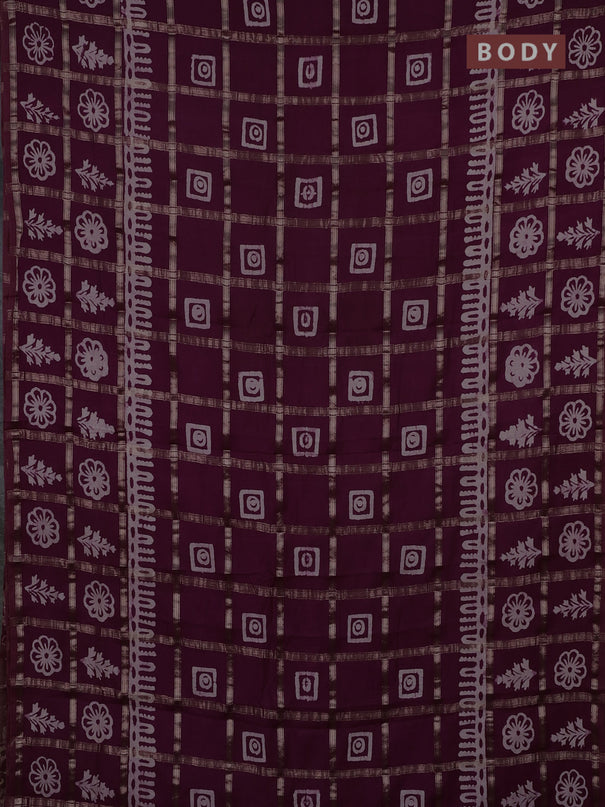 Semi chanderi saree wine and off white with allover zari checks & batik prints and batik printed border