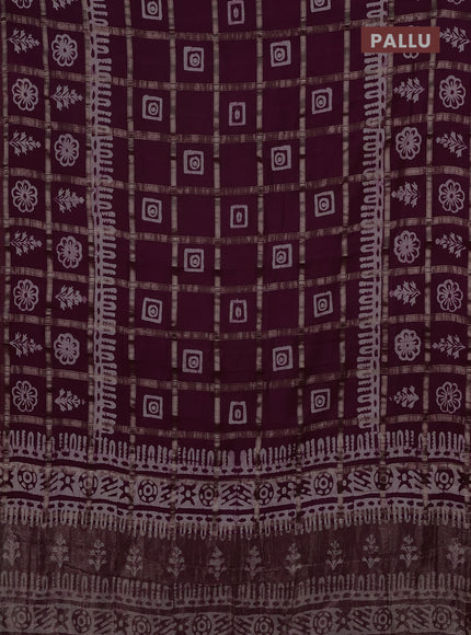Semi chanderi saree wine and off white with allover zari checks & batik prints and batik printed border