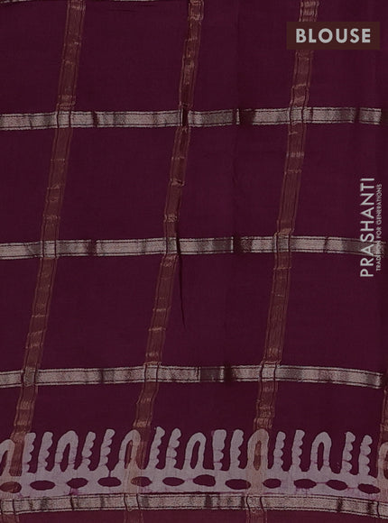 Semi chanderi saree wine and off white with allover zari checks & batik prints and batik printed border